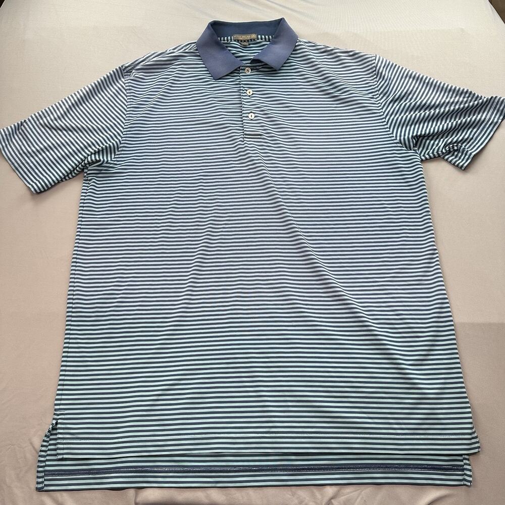 Peter Millar Summer Comfort Polo Shirt Mens L Blue Striped Collar Golf Preppy
